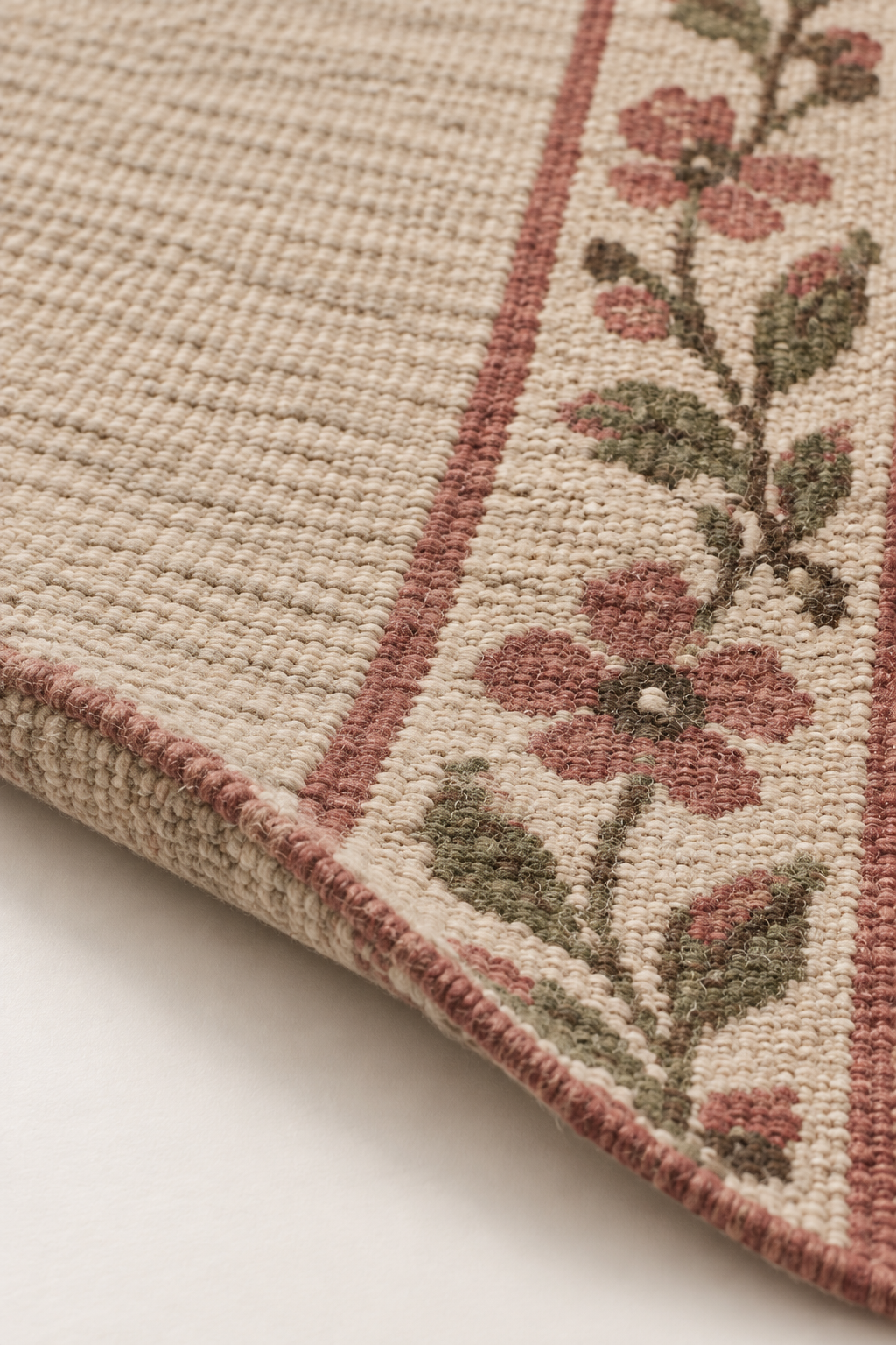 Angled close-up of the flatwoven wool kilim edge and floral detail