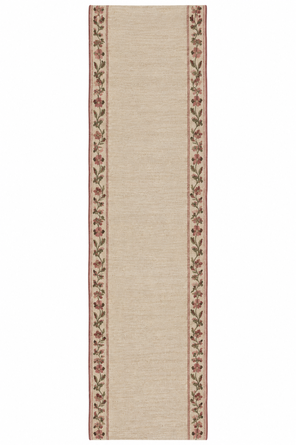 Full-length dusty rose floral wool kilim runner on a white background