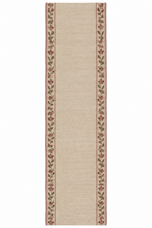 Full-length dusty rose floral wool kilim runner on a white background