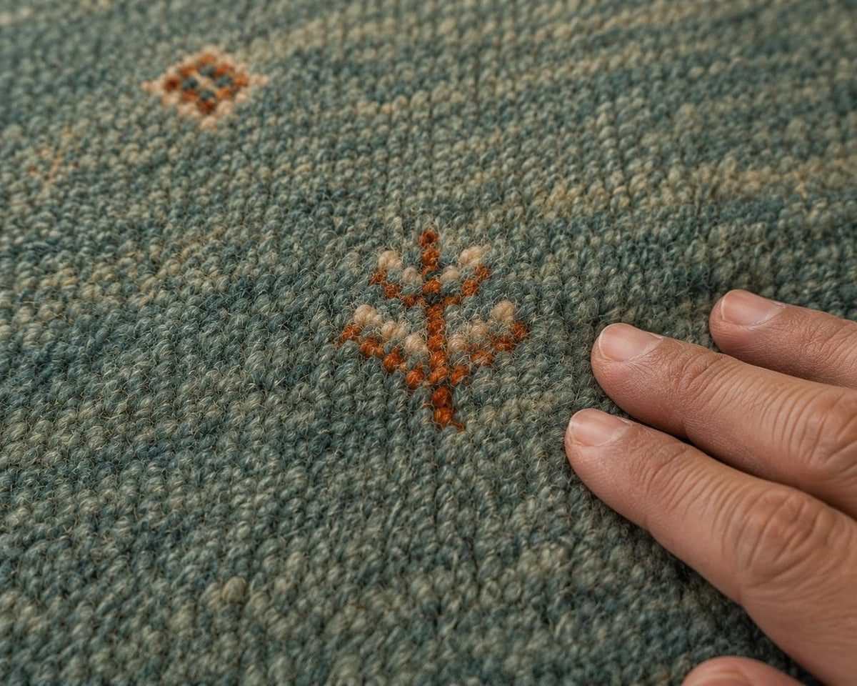 Hand-Knotted Gabbeh Wool Rug – Persian Tribal Thick Pile Rug, Muted Teal/Sage