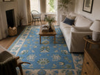 blue Hand Knotted oushak rug, floral woolen rug, Traditional persian Style rug, blue carpet