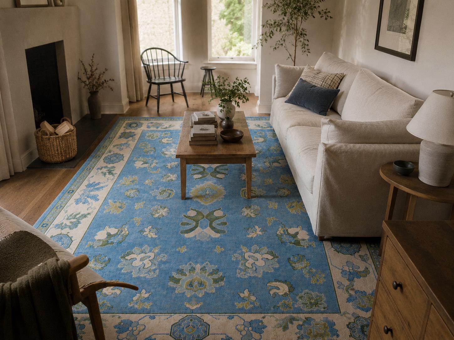 blue Hand Knotted oushak rug, floral woolen rug, Traditional persian Style rug, blue carpet