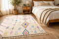 Hand-Knotted Wool azilal Berber Rug | ivory rug with Colorful Moroccan Boho Motifs, modern thick pile rug
