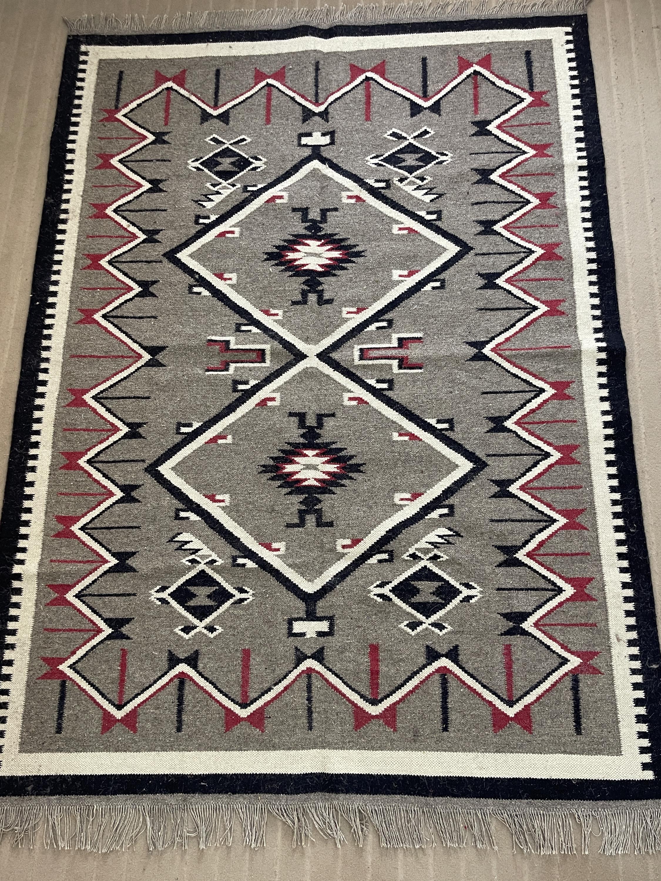 Grey Navajo Kilim Rug, Handwoven Wool Rug, Southwestern style Tribal Area Rug, Neutral Boho Western Decor, Custom Size Geometric Carpet