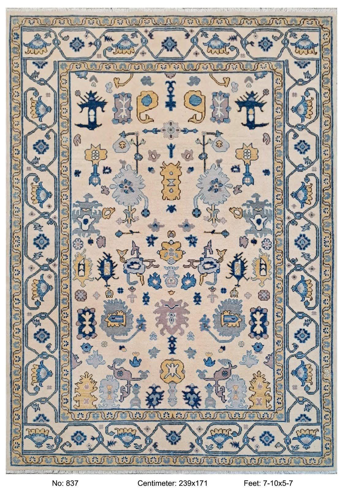 Hand Knotted blue oushak rug, Traditional turkish  Style rug, blue and ivory carpet,