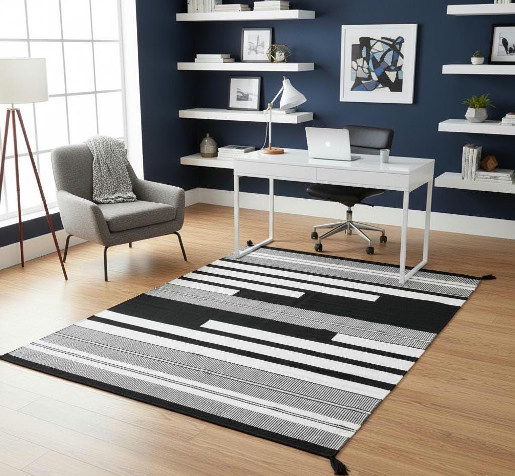 Handwoven Black and White Kilim Rug: Boho Throw, Cotton Accent