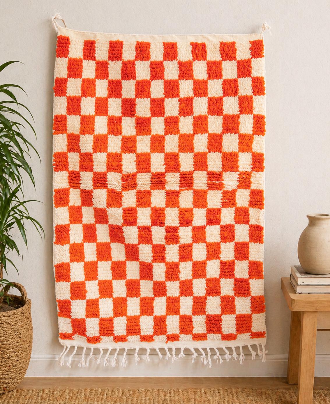 Orange Checkered Beni Ourain Rug | 100% Wool Hand-Knotted Moroccan Carpet