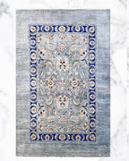Hand Knotted Grey blue  Oushak Rug, Blue Border Wool Rug, Vintage Floral Area Rug, Neutral Handmade Living Room Carpet