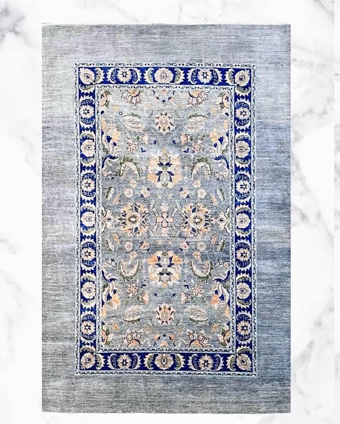 Hand Knotted Grey blue  Oushak Rug, Blue Border Wool Rug, Vintage Floral Area Rug, Neutral Handmade Living Room Carpet