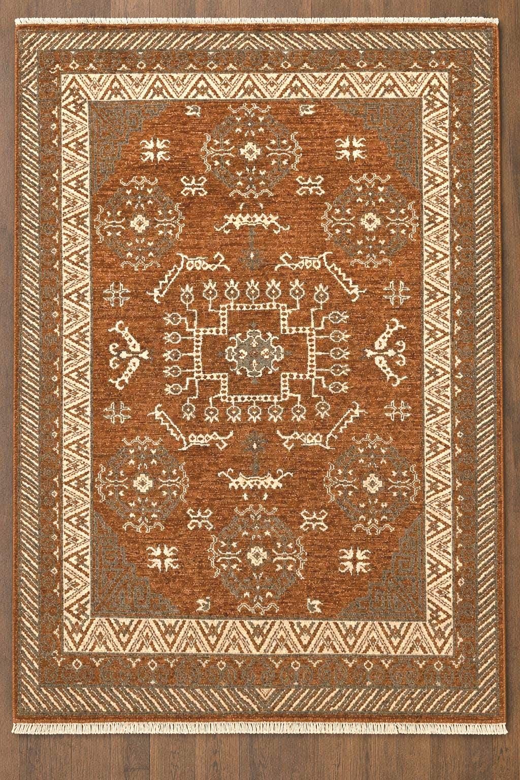 Hand-Knotted Afghan Kazak Wool Rug – Vintage Tribal Oriental Design, Rust/Terracotta