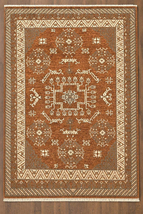 Hand-Knotted Afghan Kazak Wool Rug – Vintage Tribal Oriental Design, Rust/Terracotta