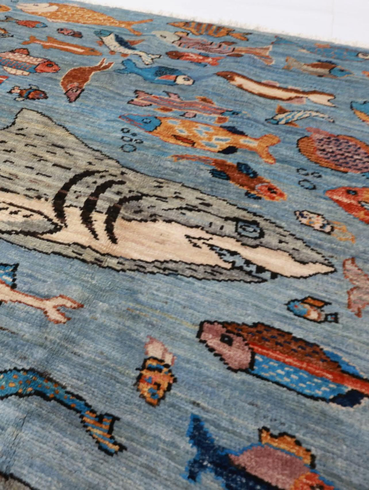 Hand-Knotted Gabbeh Wool Rug – Pictorial Ocean Life Tribal Design, Blue