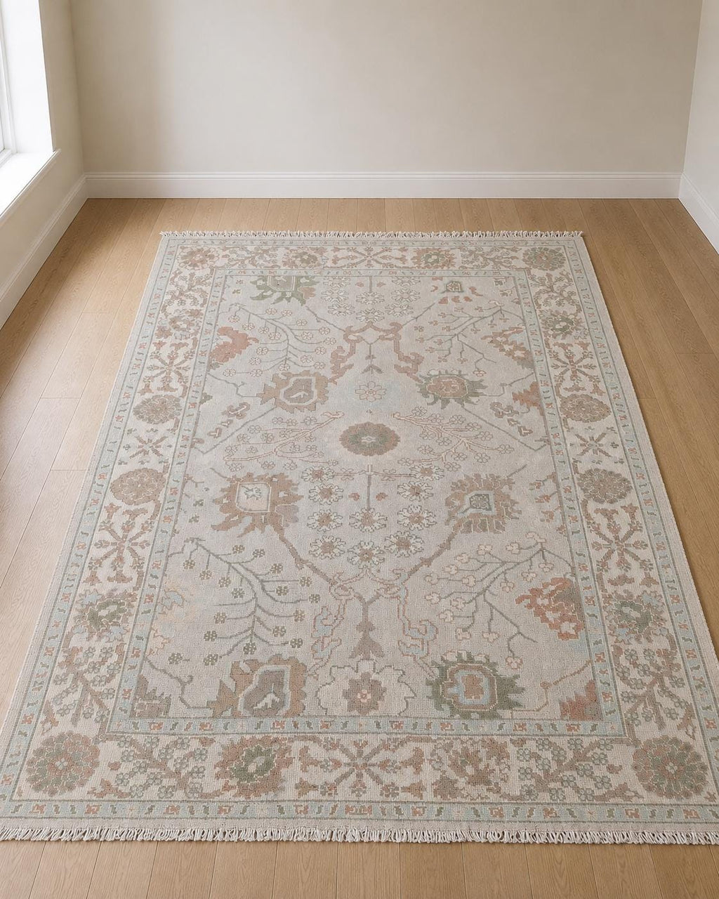Vintage Pastel Oushak Rug 7x9ft – Handmade Turkish Style Wool Rug,  – Soft Sage, Blush & Ivory Area Rug – Traditional Floral Oushak Carpet