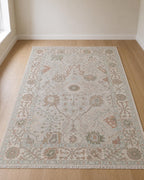 Vintage Pastel Oushak Rug 7x9ft – Handmade Turkish Style Wool Rug,  – Soft Sage, Blush & Ivory Area Rug – Traditional Floral Oushak Carpet