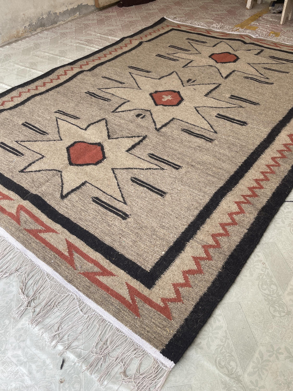 Beige and black Authentic Navajo style 100% wool Rug, custom size , Southwest Native American style Rug,