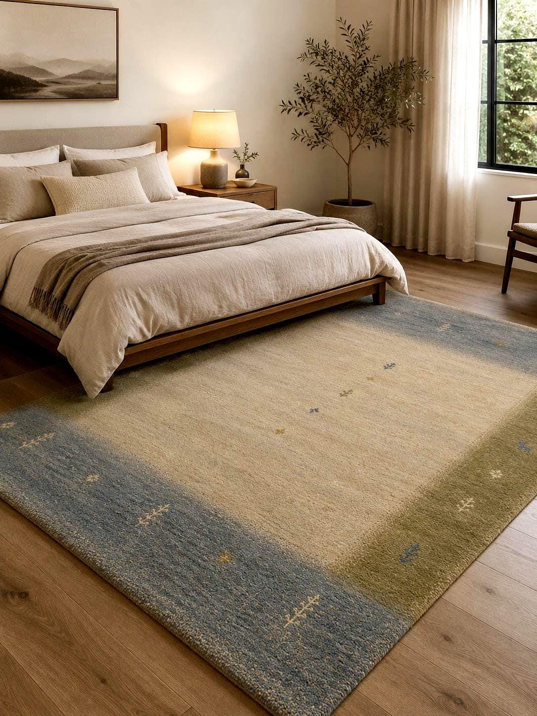 Hand-Knotted Gabbeh Wool Rug – Scandinavian Minimalist Plush Pile Design, Ivory, Cream, Blue & Sage Green
