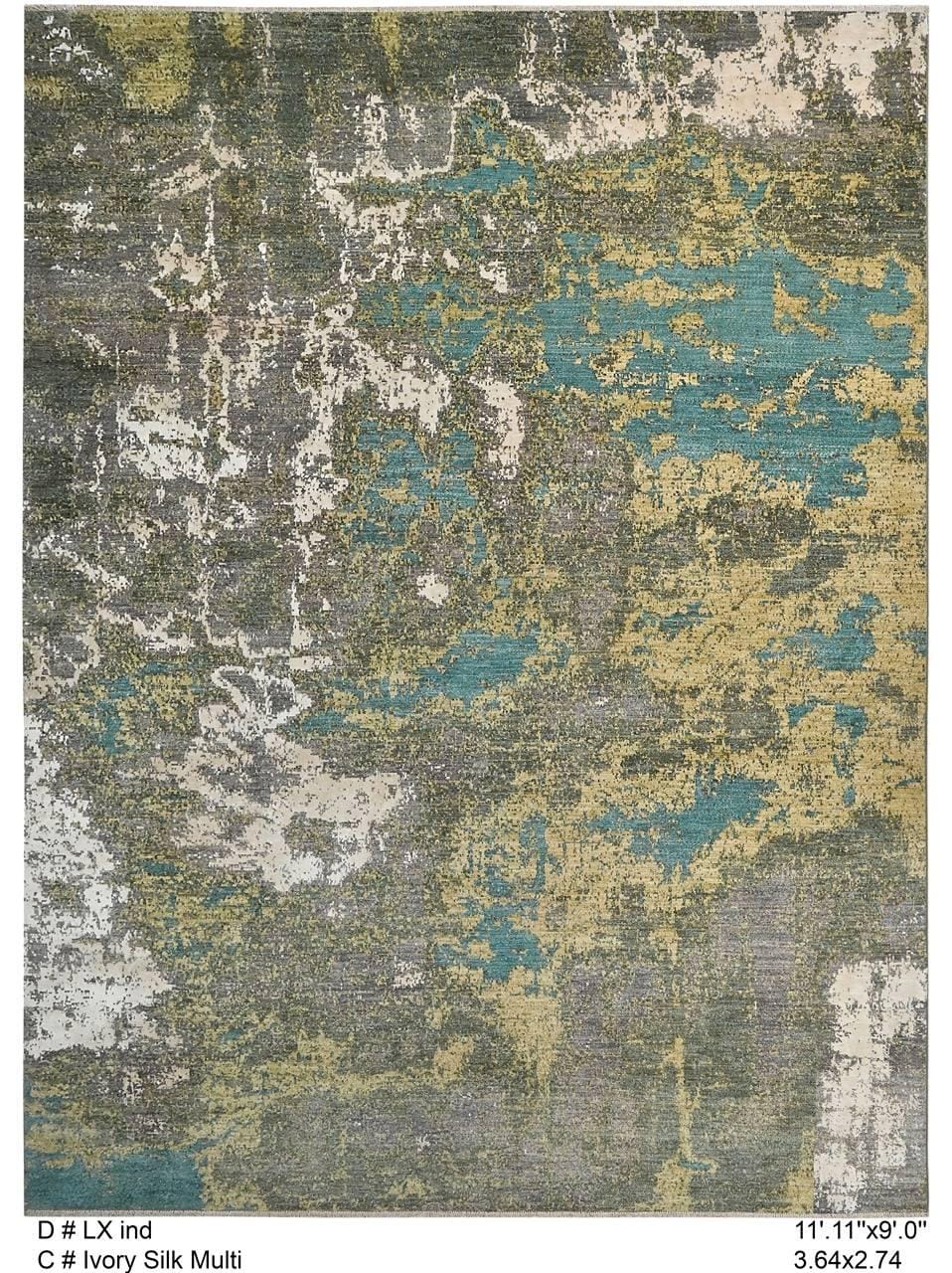 Abstract hand knotted modern wool rug,  green and yellow Modern Contemporary Statement area Rug