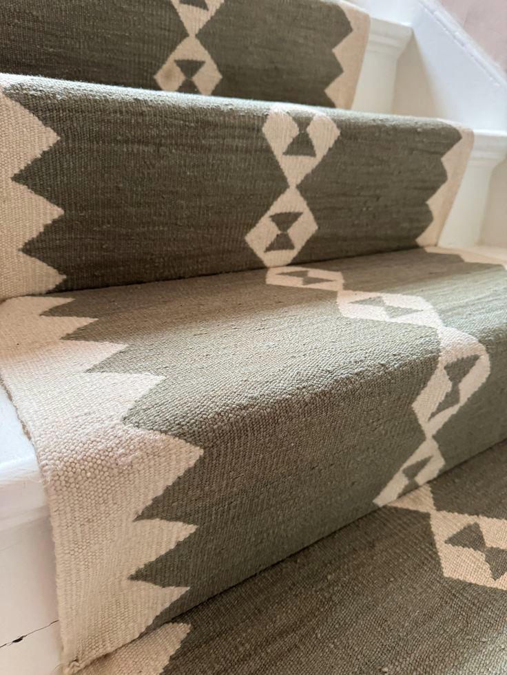 Custom Kilim Stair Runner | Handmade Wool Stair Carpet | Blue Geometric Runner Rug