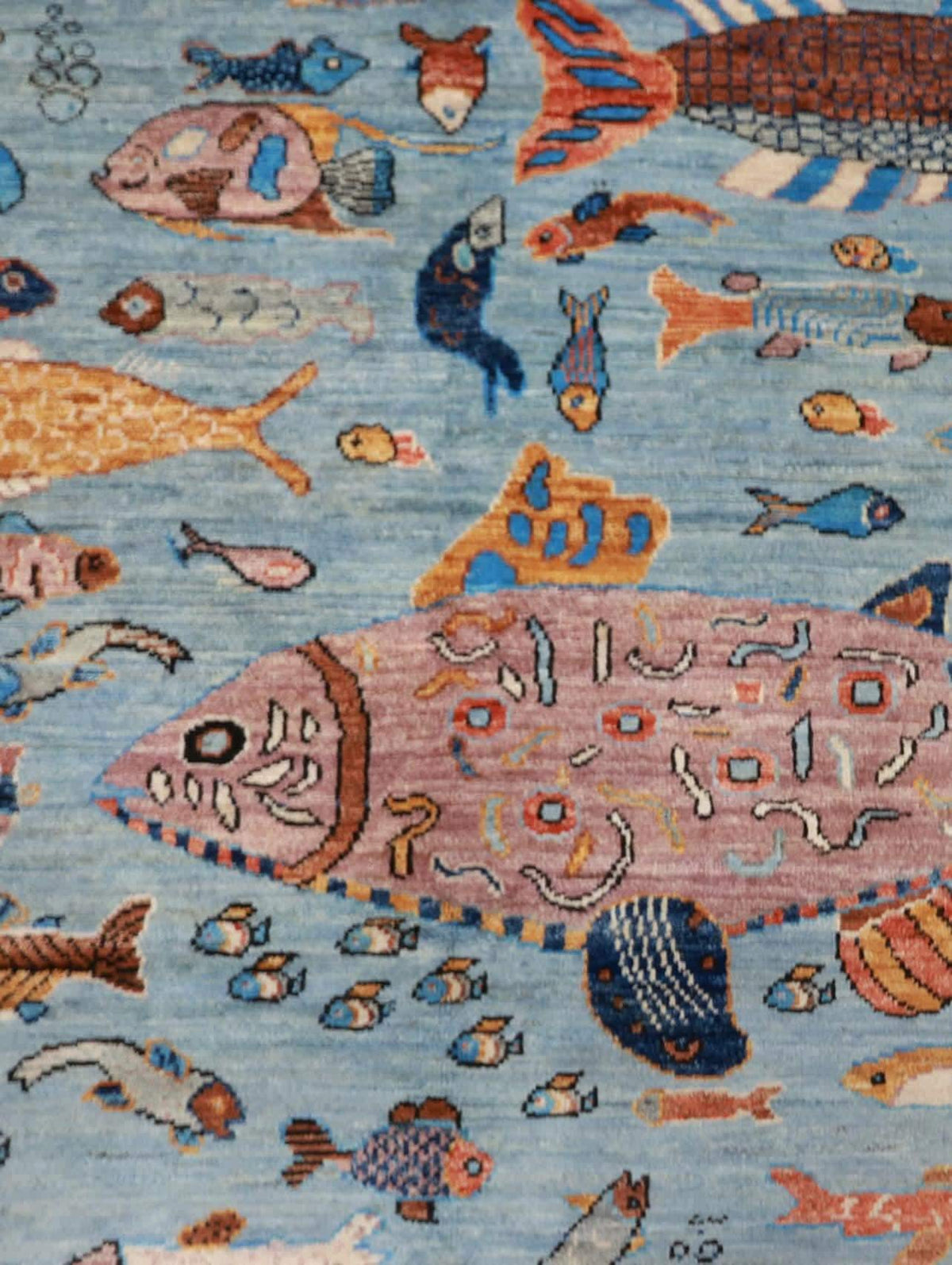 Hand-Knotted Gabbeh Wool Rug – Pictorial Ocean Life Tribal Design, Blue