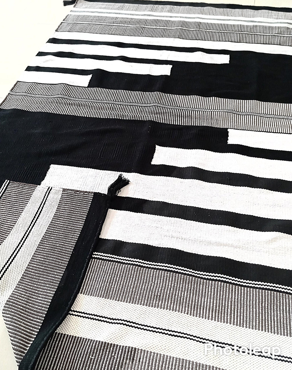 Handwoven Black and White Kilim Rug: Boho Throw, Cotton Accent