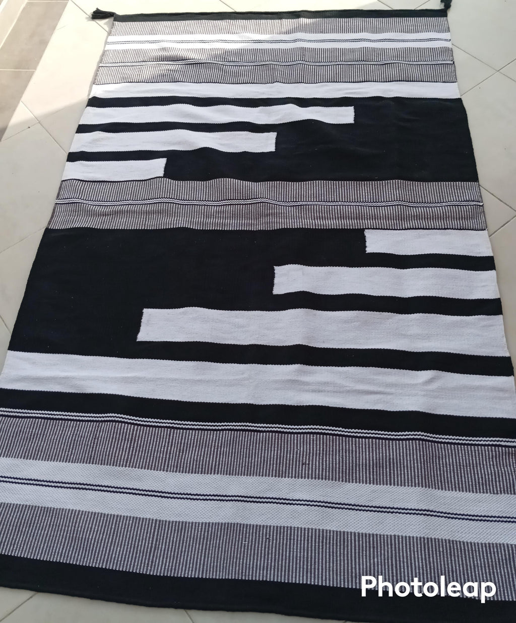 Handwoven Black and White Kilim Rug: Boho Throw, Cotton Accent