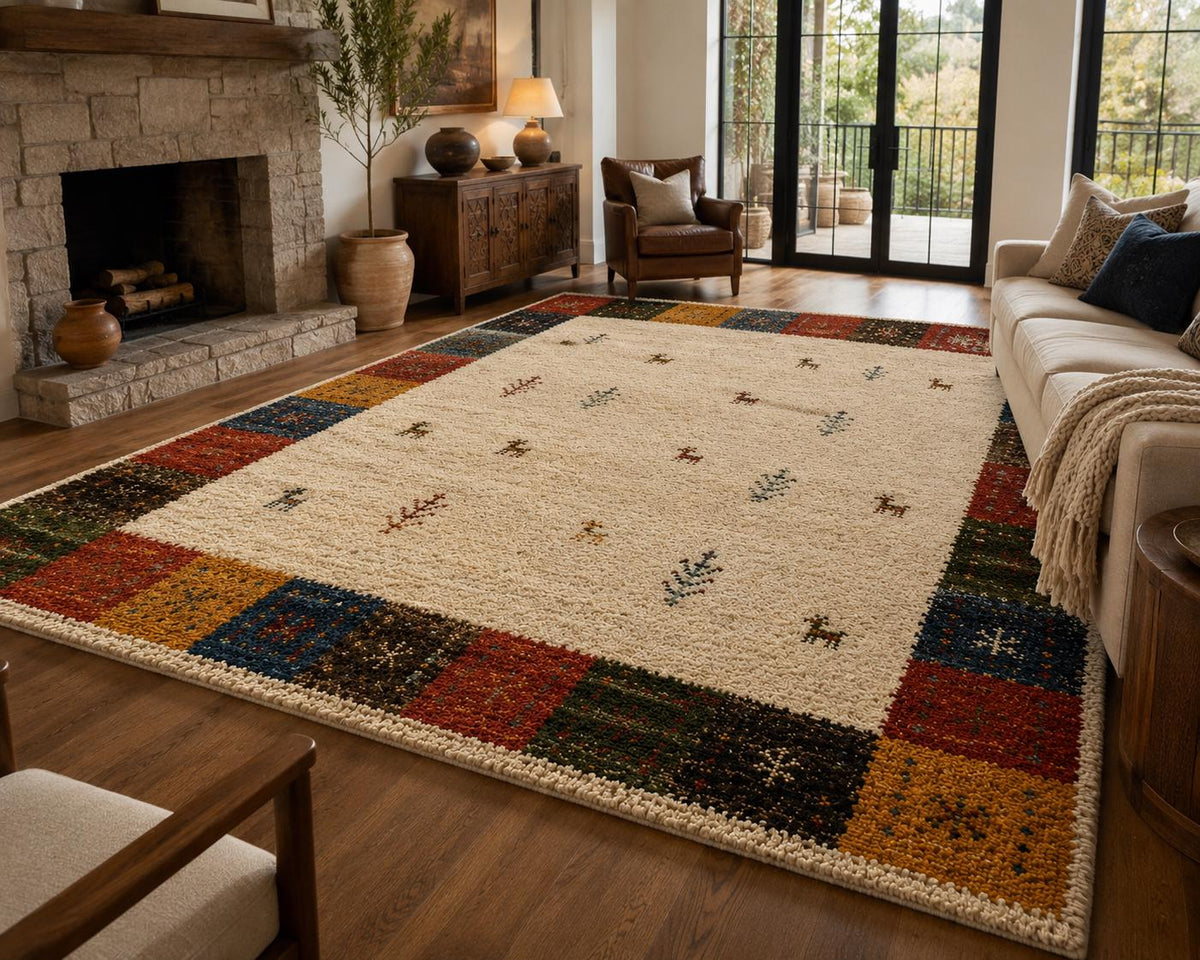Hand-Knotted Gabbeh Wool Rug – Persian Tribal Thick Pile Rug, Cream & Multicolor Border
