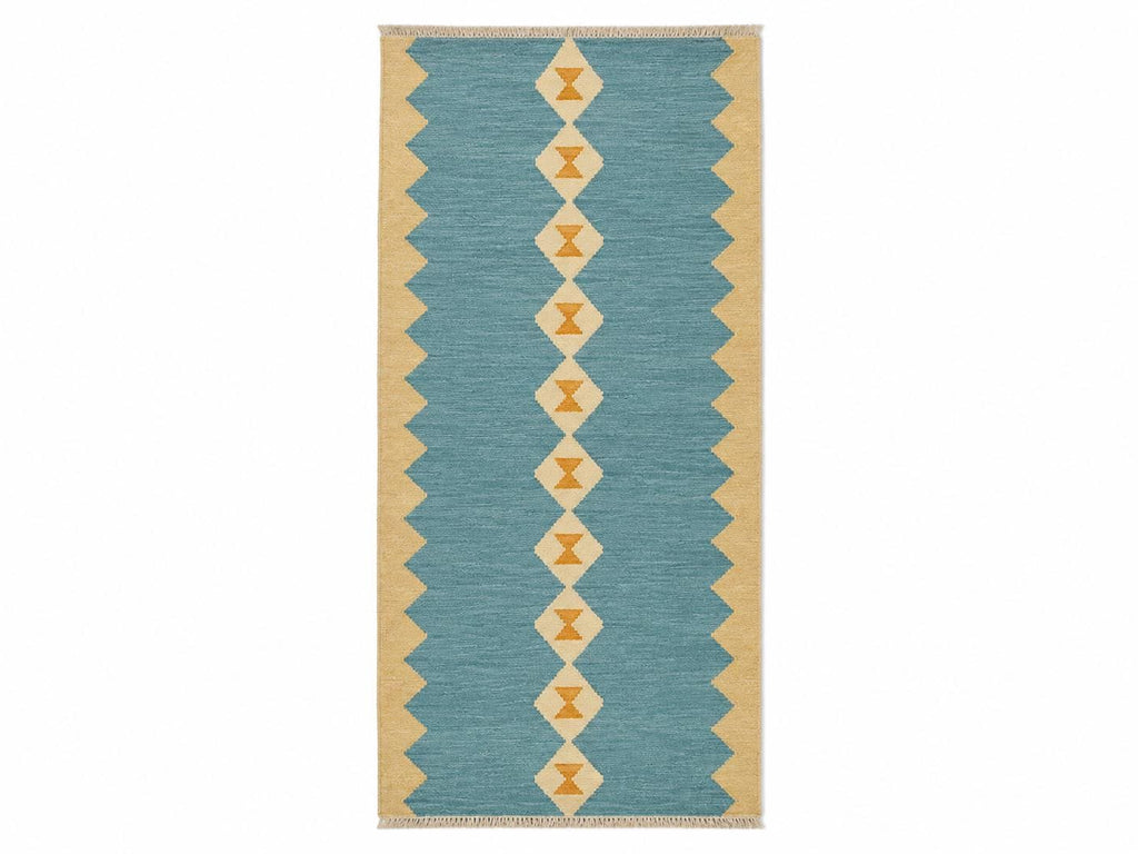 Custom Kilim Stair Runner | Handmade Wool Stair Carpet | Blue Geometric Runner Rug