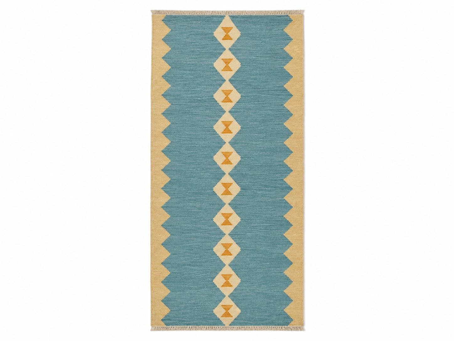 Custom Kilim Stair Runner | Handmade Wool Stair Carpet | Blue Geometric Runner Rug
