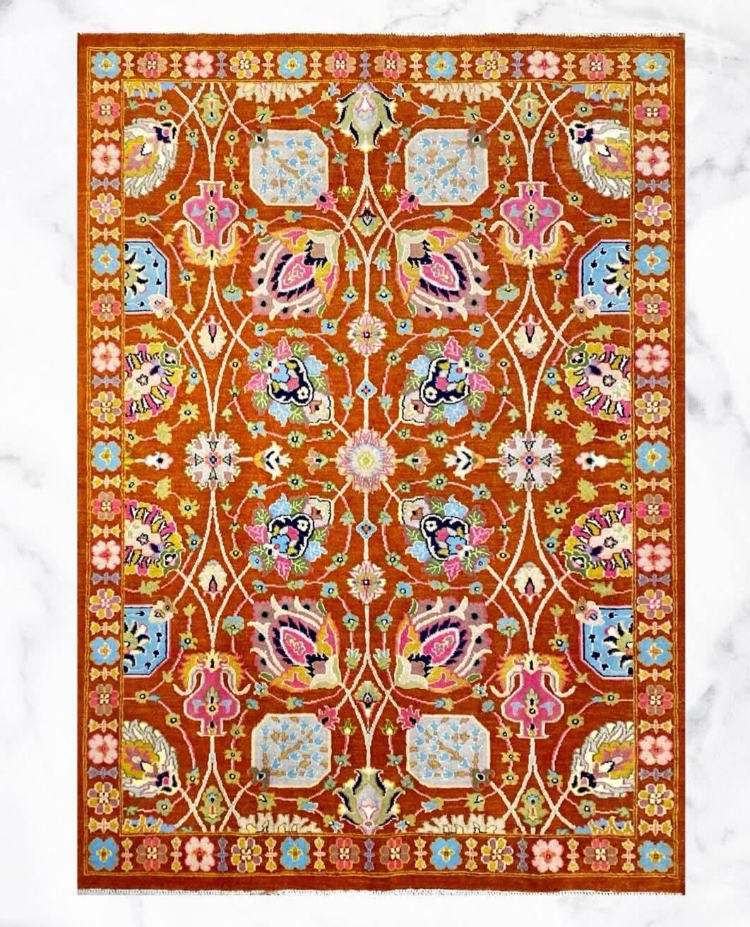 Traditional Hand Knotted Wool Rug, Rust Persian Style Area Rug, Floral Oriental Carpet, Luxury Handmade Home Decor Rug