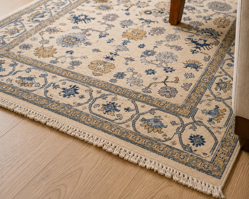 Hand Knotted blue oushak rug, Traditional turkish  Style rug, blue and ivory carpet,
