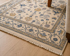 Hand Knotted blue oushak rug, Traditional turkish  Style rug, blue and ivory carpet,