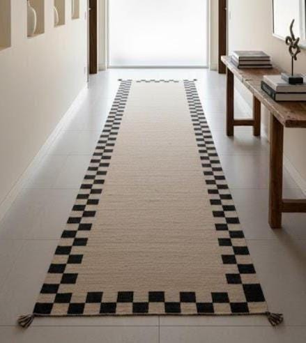 beige Scandinavian Wool Runner Rug – Minimal Geometric Kilim Carpet for Hallway, Corridor & Entryway,