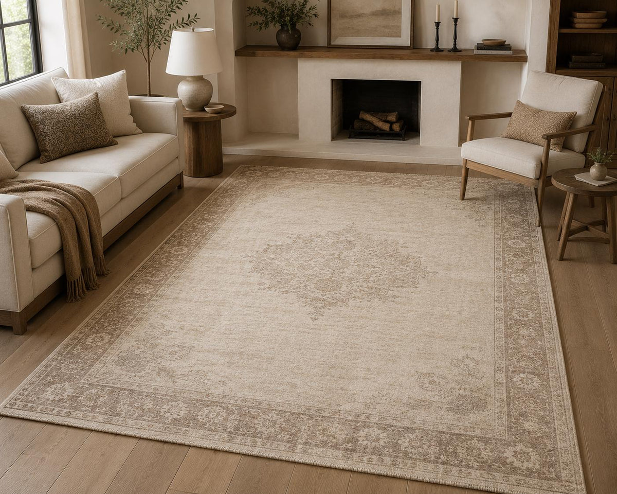 Hand-Knotted Vintage Distressed Wool Rug – Antique Wash Medallion Design, Beige & Nude