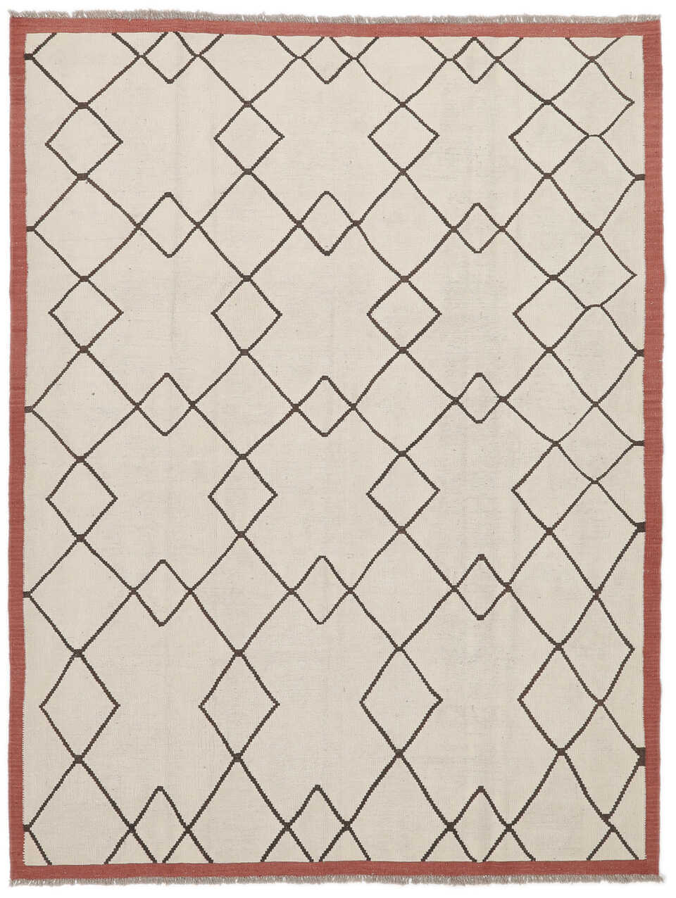 Ivory, brown and rust lattice wool kilim rug, full view