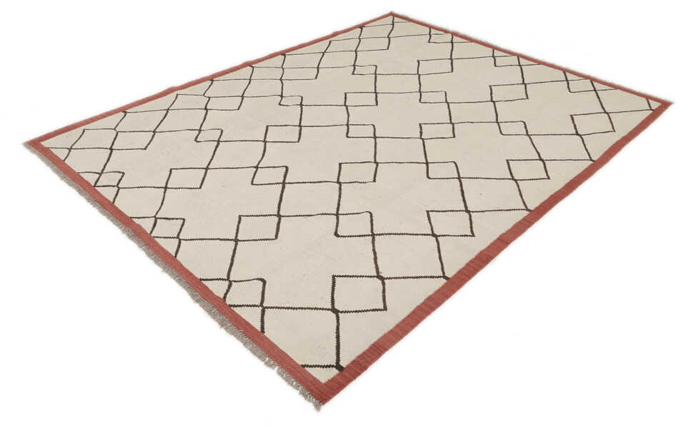 Ivory, brown and rust lattice wool kilim rug, detail 2