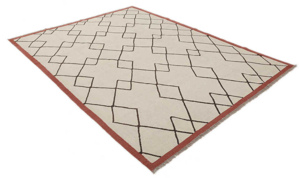 Ivory, brown and rust lattice wool kilim rug, detail 3