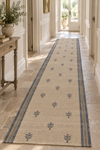 Ivory and dusty blue botanical wool kilim runner, hallway view