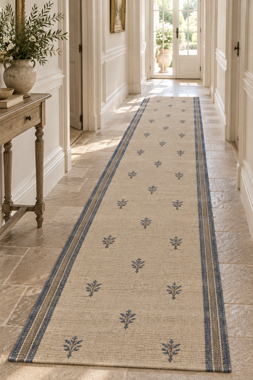 Ivory and dusty blue botanical wool kilim runner, hallway view
