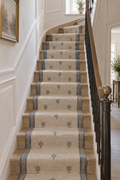 Ivory and dusty blue botanical wool kilim runner, stairs view