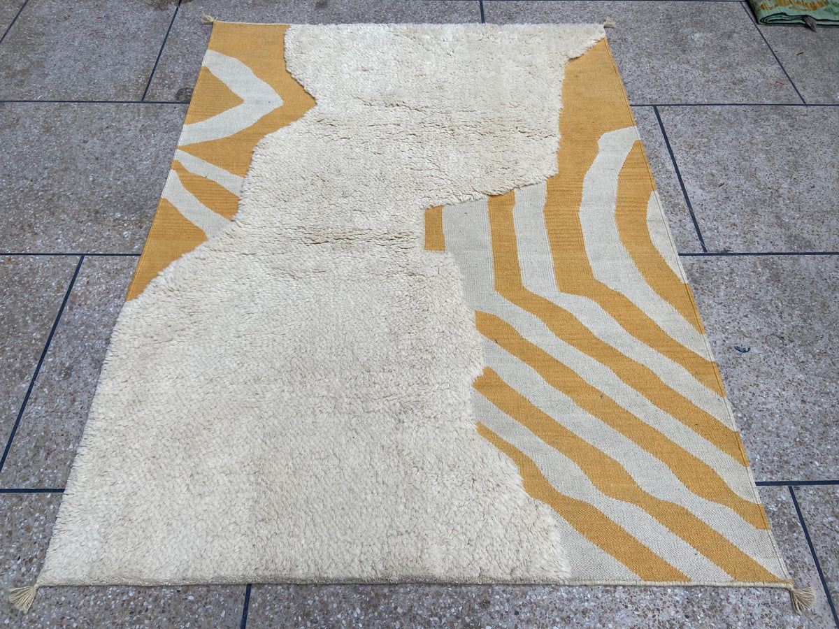 Ivory and mustard Boujaad-inspired handwoven wool rug, full view