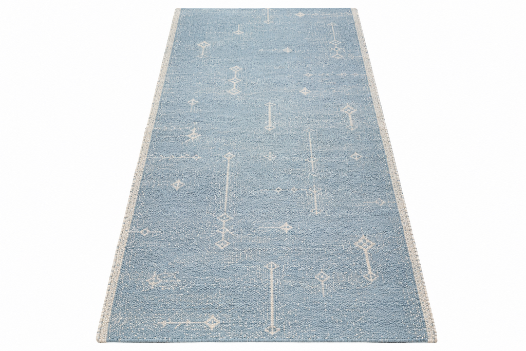 Full view of light blue and ivory minimalist handwoven wool runner