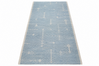 Full view of light blue and ivory minimalist handwoven wool runner