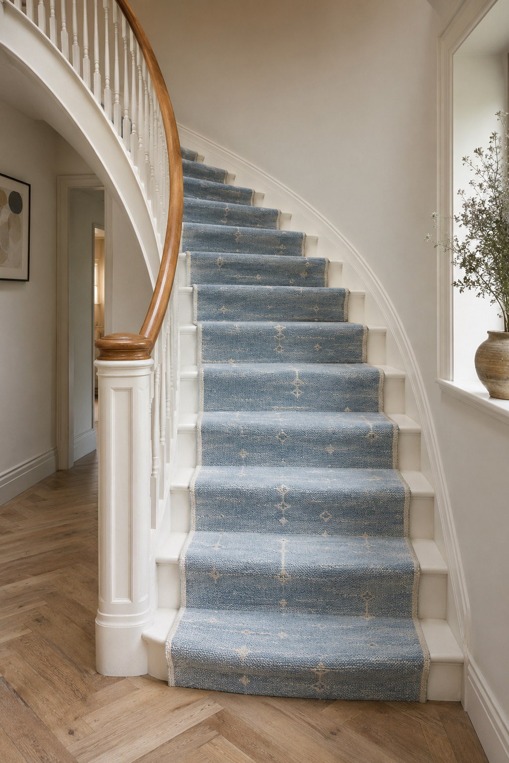 Light blue and ivory minimalist wool runner installed on a curved staircase