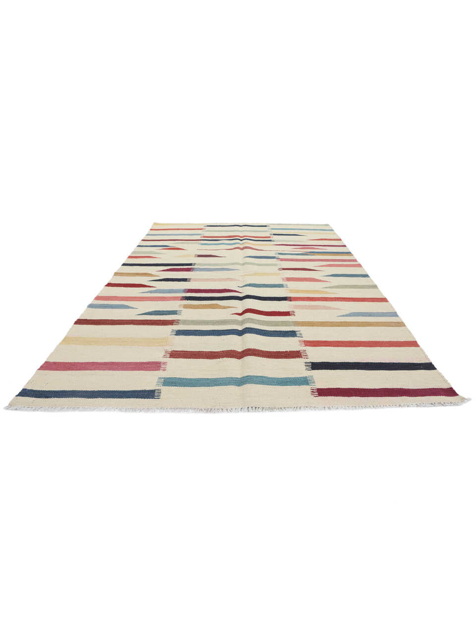Modern multicolour striped flatweave area rug viewed from an angle