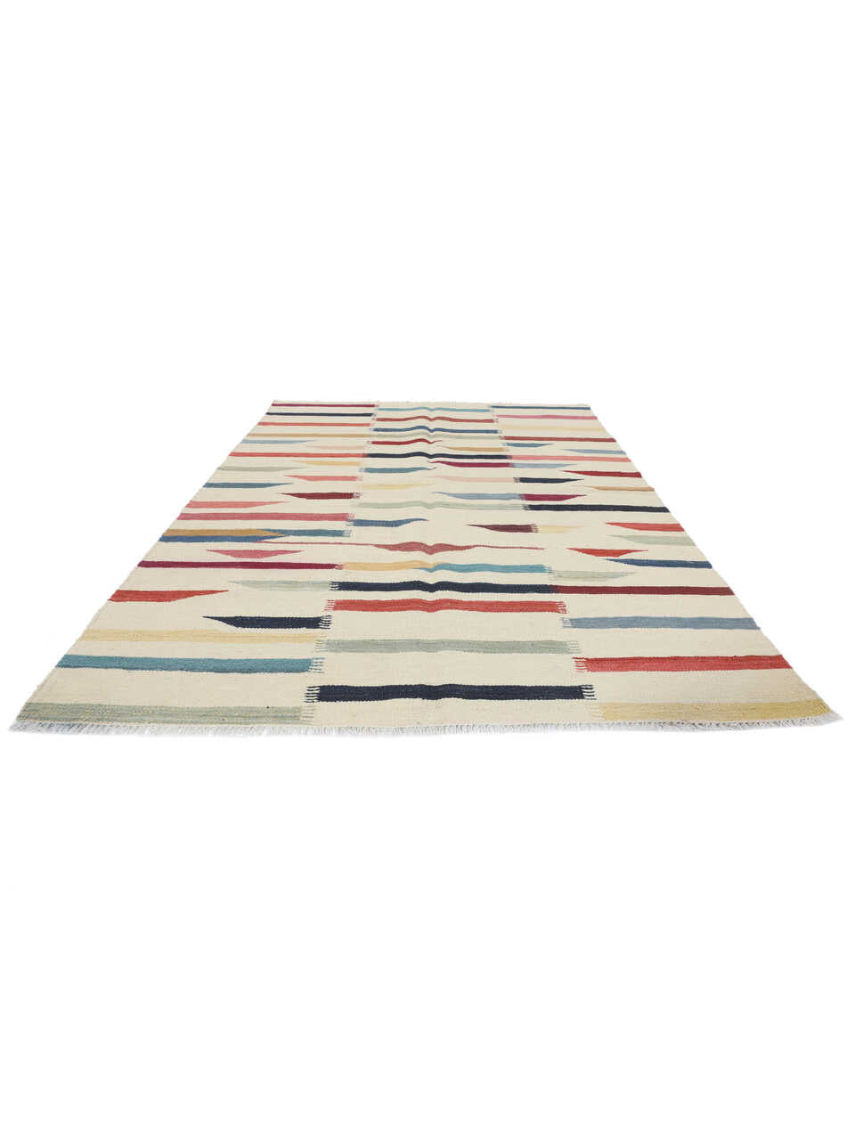 Handmade colourful geometric kilim rug, perspective view