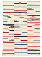 Multicolour abstract striped wool kilim rug, full view