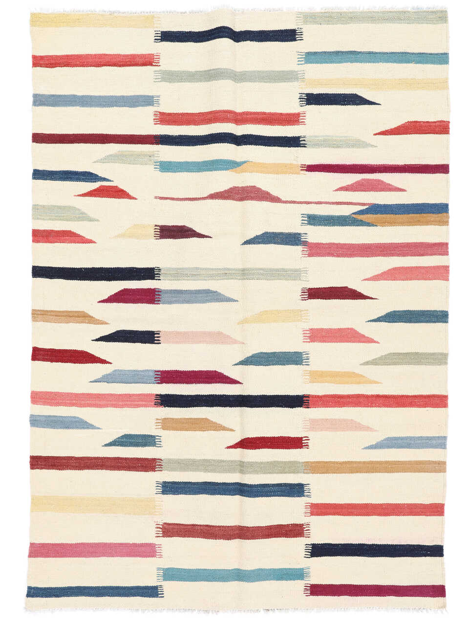 Multicolour abstract striped wool kilim rug, full view