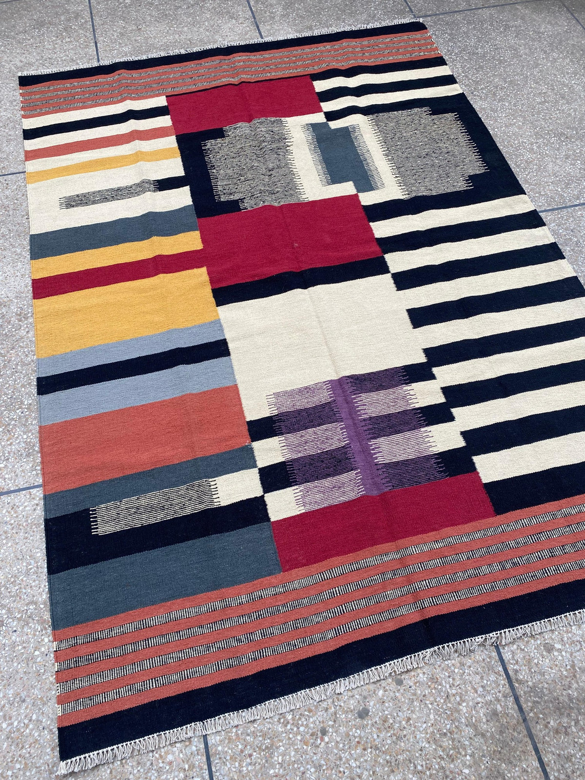 Multicolour abstract geometric handmade wool kilim rug – view 3