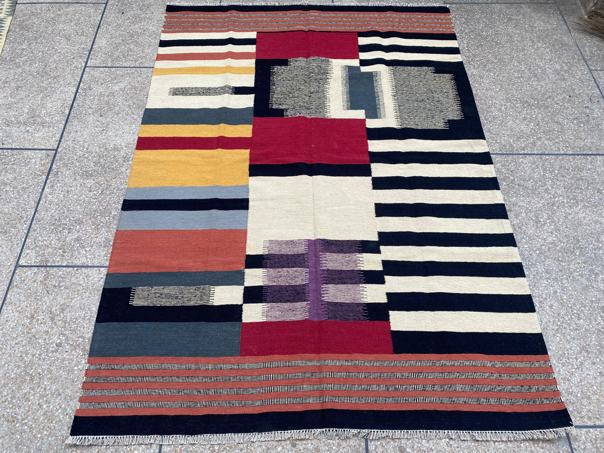 Multicolour abstract geometric handmade wool kilim rug – view 4