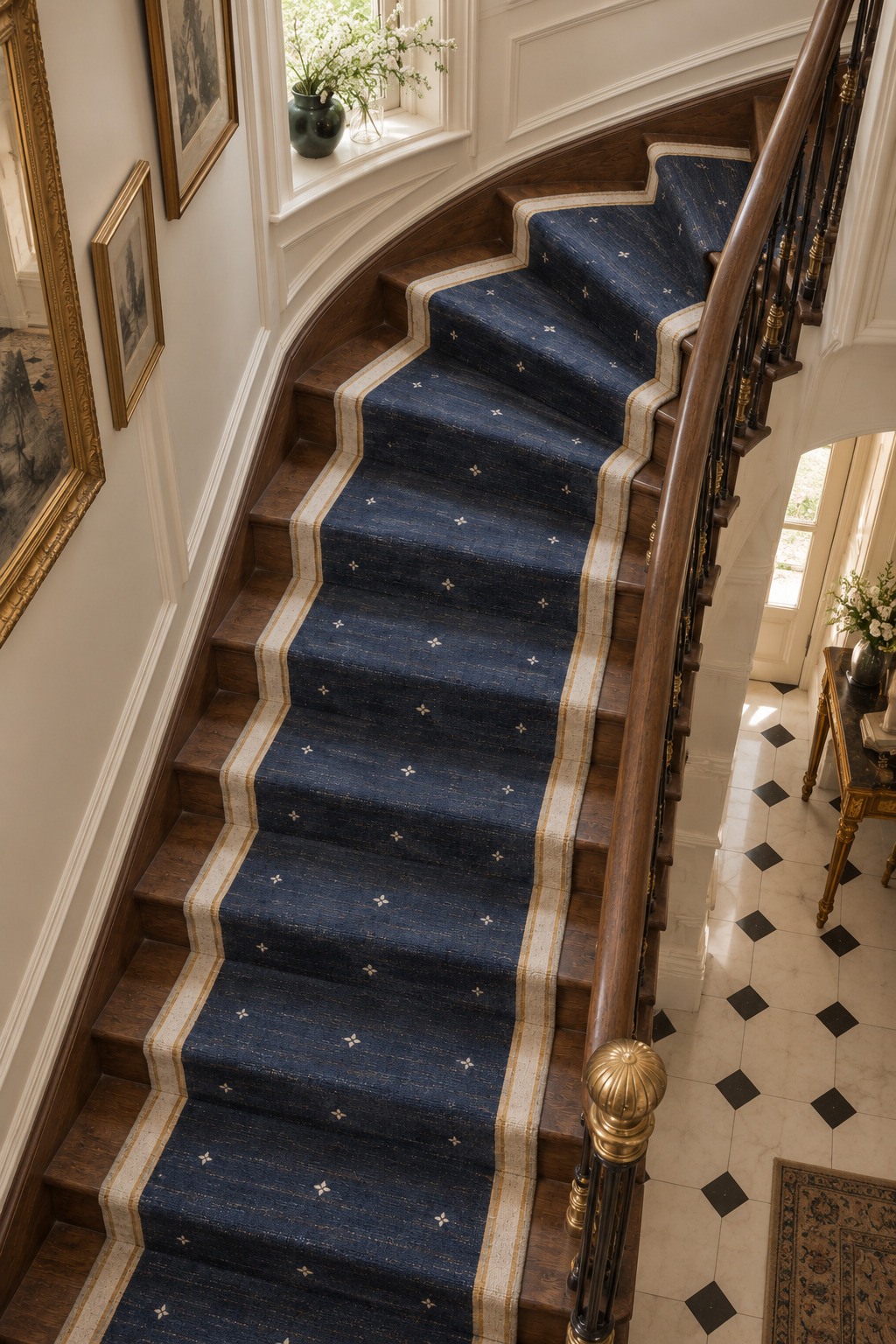 Angled view of navy and cream wool stair runner on turning wooden stairs